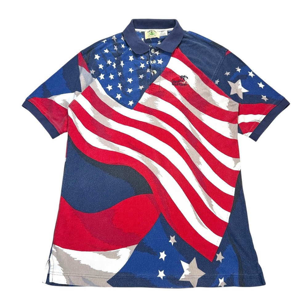 Vintage Divots Polo Shirt Mens Large Blue USA Flag AOP Edgewater Beach Resort